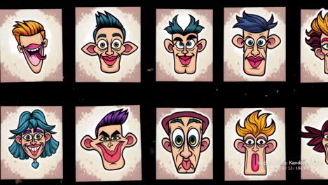 grid of stylized cartoon faces with exaggerated features