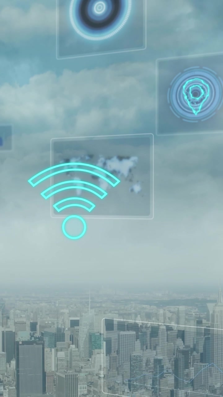 Animation af skyer, Wi-Fi og indikatorer med databehandling over et bylandskab.