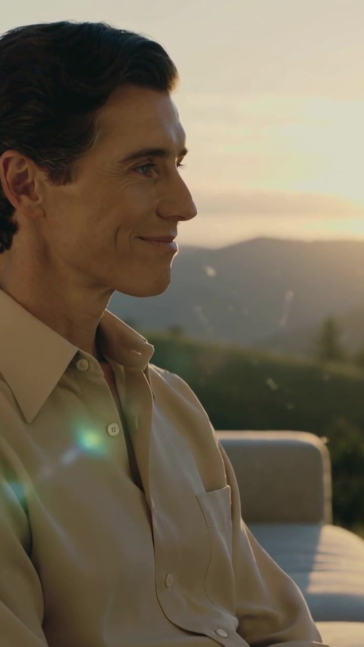 Video verticale: Luce del tramonto che cambia, uomo in camicia beige che volge lo sguardo, sorridendo su un divano con le colline sullo sfondo.