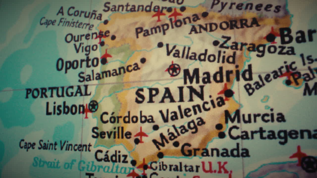Close-up of a map showing Spain, Portugal, and surrounding regions