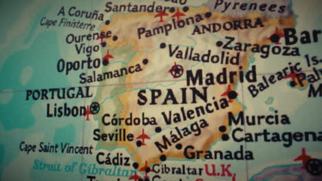 close-up of a map showing spain, portugal, and surrounding regions