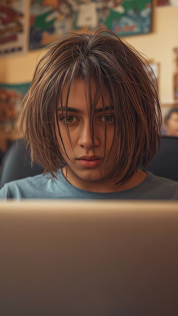 Vertical video: Clip starting showing student settling in chair scanning laptop studying at home
