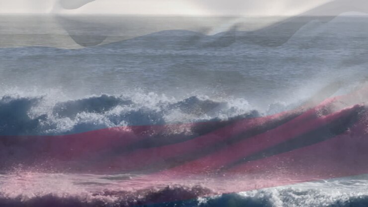 Digital composition russia flag waving against aerial view of waves in the sea