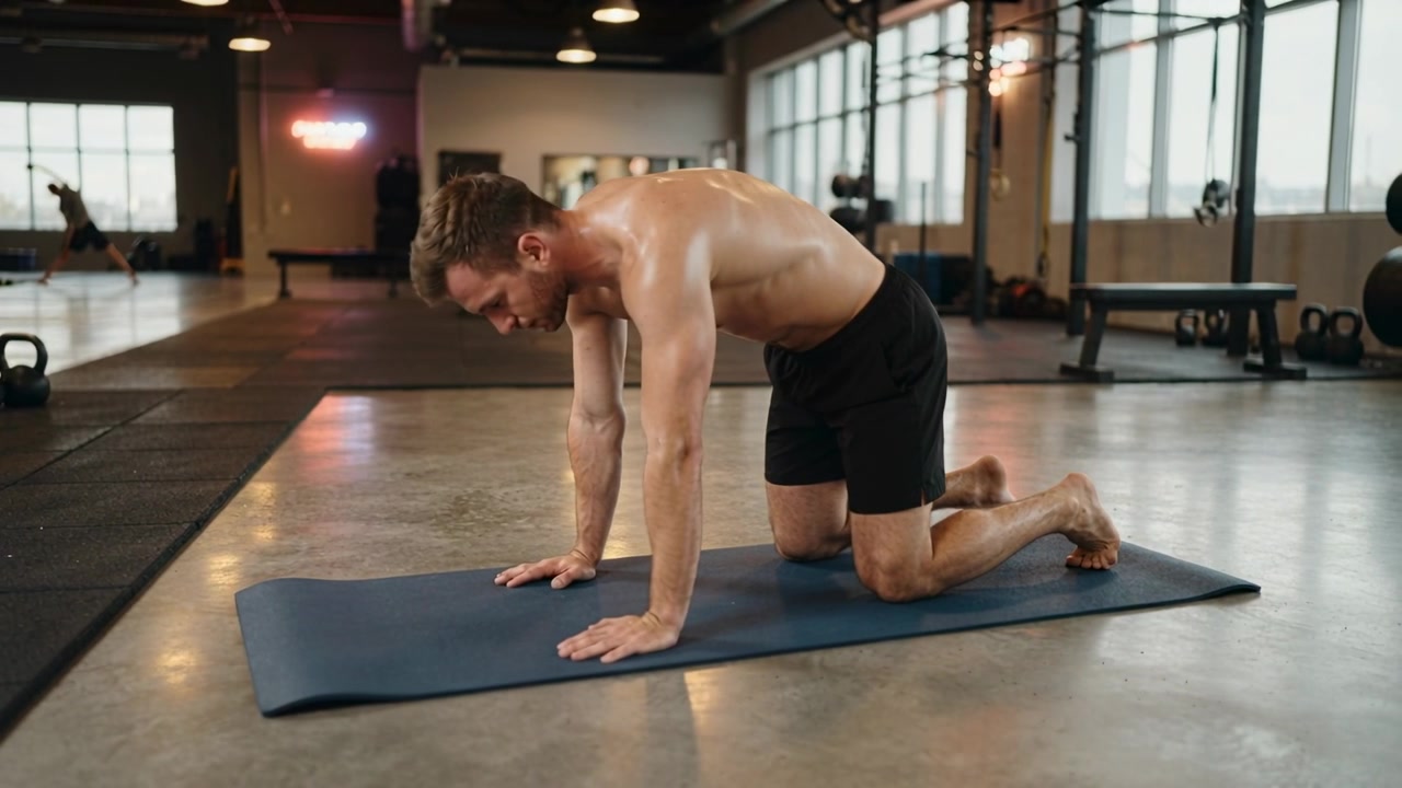 Uomo a torso nudo che, partendo dalla posizione a quattro zampe, esegue lentamente esercizi di mobilità spinale in ginocchio su un tappetino blu, per il core.