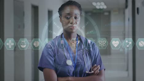 Animación-Del-Procesamiento-De-Datos-Médicos-Sobre-Una-Doctora-Afroamericana