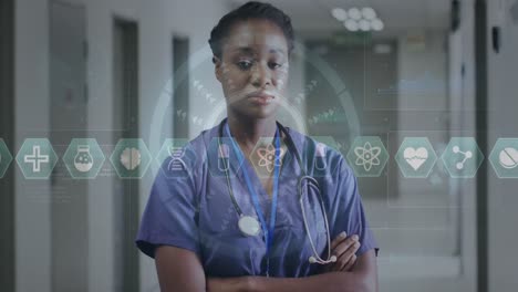 animation of medical data processing over african american female doctor