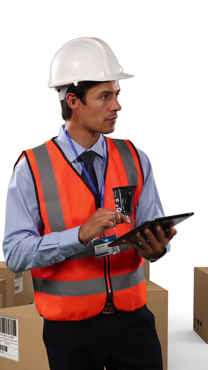 Animazione di un architetto che usa un tablet con pile di scatole su sfondo bianco