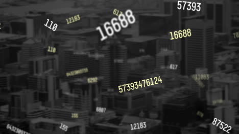 animation of falling numbers over cityscape