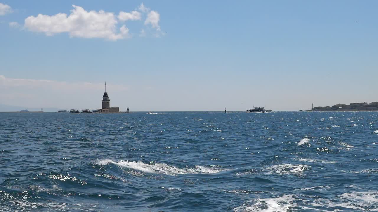 Historic Maiden's Tower in Istanbul's Bosphorus Strait on a Sunny Day