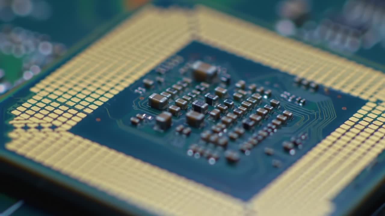 Exploring the Intricate Architecture of a Microprocessor: A Close-Up View of a CPU with Detailed Circuitry and Golden Pin Grid Array