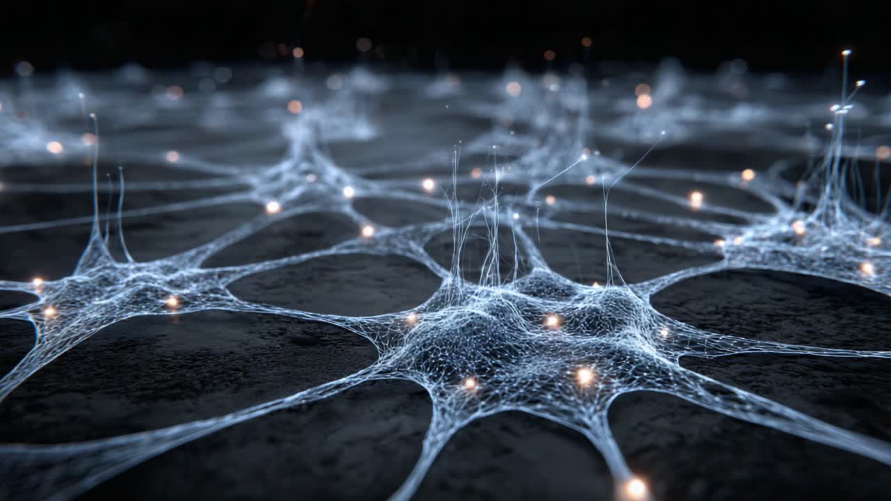 A close-up view of an intricate network of luminous particles and delicate threads, showcasing the beauty of connectivity and the complexity of structures found in nature