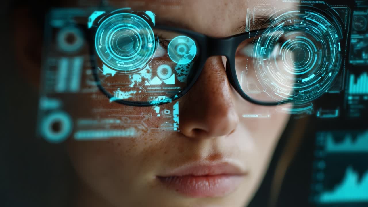 An Intense Focus: A Close-Up of a Person Wearing Glasses with Augmented Reality Displays Showcasing Complex Data Analysis and Visualizations