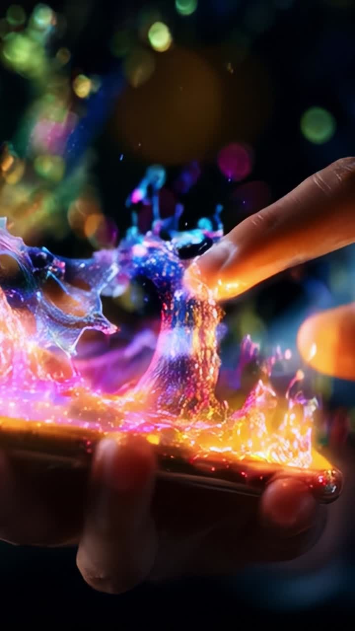 A Vibrant Display of Digital Interaction: An Enchanted Smartphone Experience with Vivid Colors and Magical Elements Captured in Two Frames