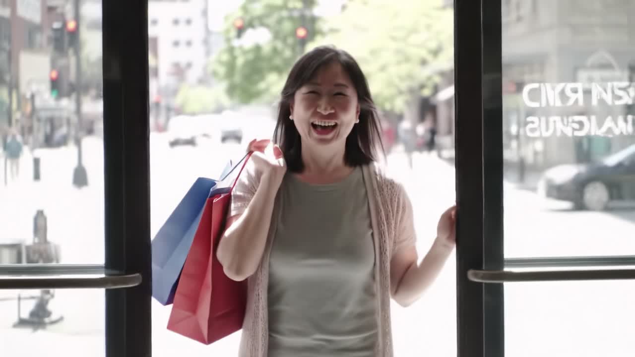 Joyful Shopper Exiting Store with Colorful Bags, Radiating Happiness and Excitement from a Successful Shopping Trip in a Bustling Urban Environment