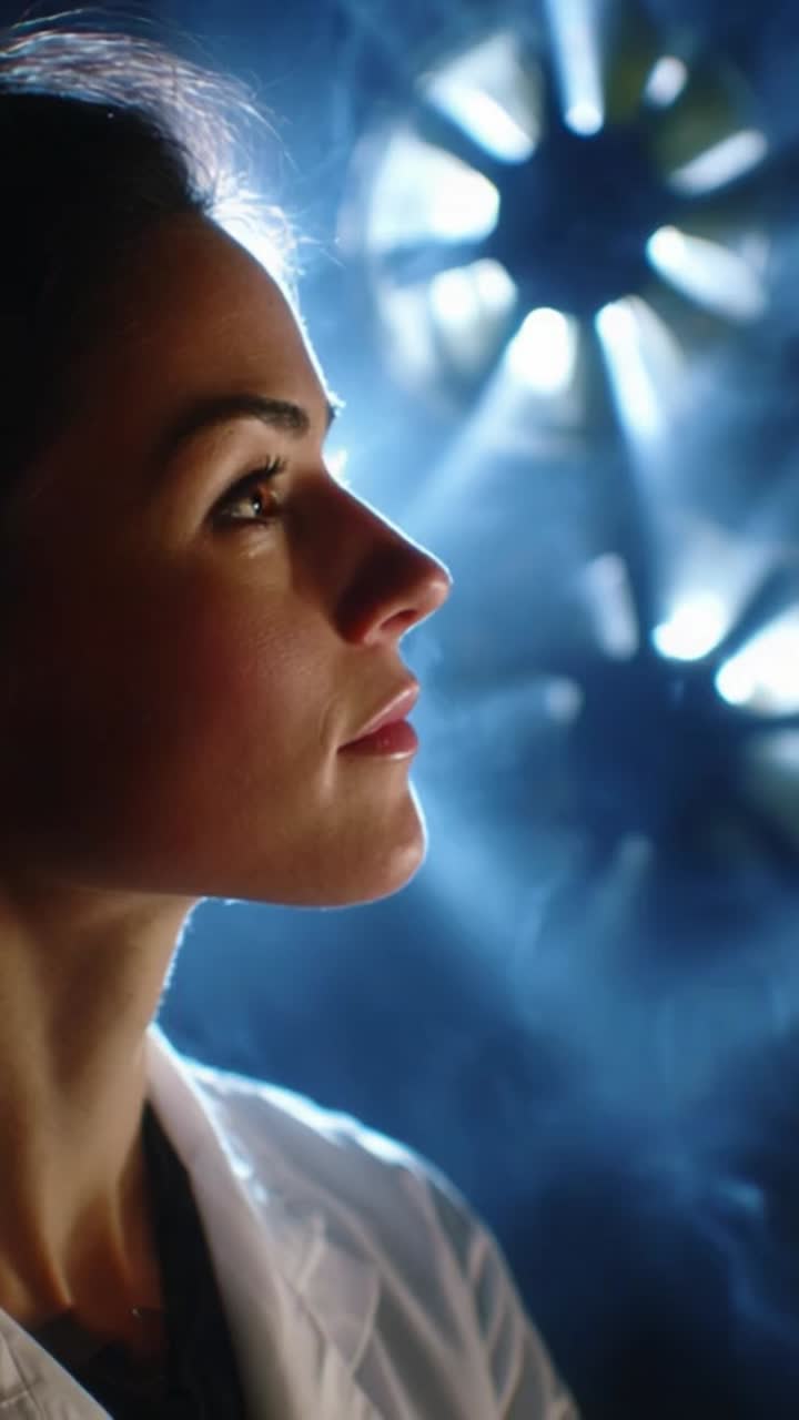 Profile of a Woman in Lab Coat Illuminated by Backlight with Soft Blue Smoke and Mechanical Fan Blades in the Background Highlighting Scientific Ambiance