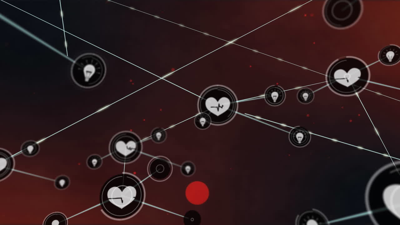 animación de la red de conexiones con iconos digitales de corazón sobre manchas rojas