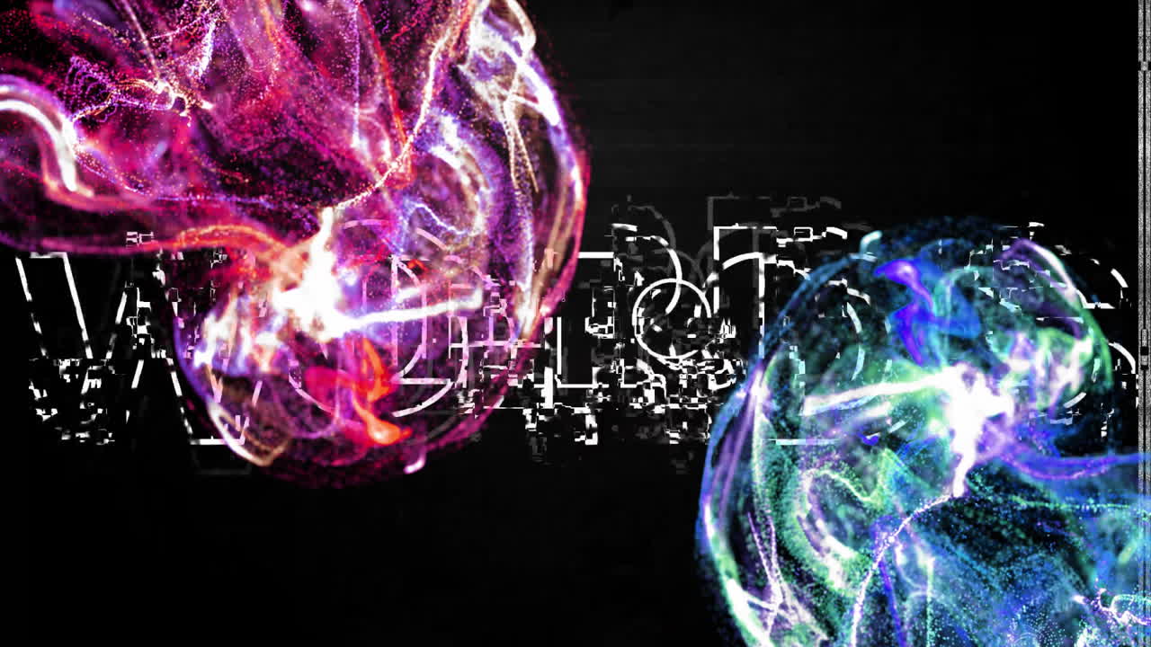 Colorful abstract shapes and glitching text animation over dark background