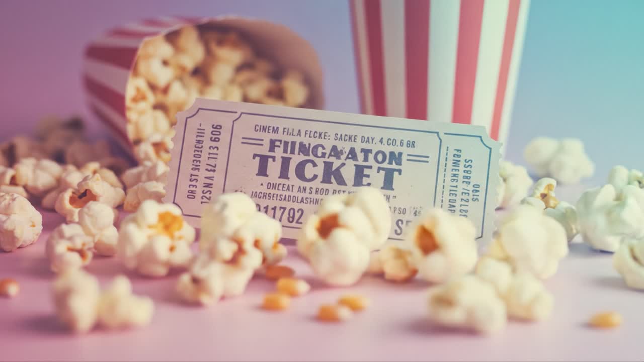 Una Scena Colorata con Biglietto e Popcorn che Rappresenta un'Esperienza Cinematografica Classica, con Colori Vivaci e una Disposizione Giocosa di Snack e Biglietto d'Ingresso.