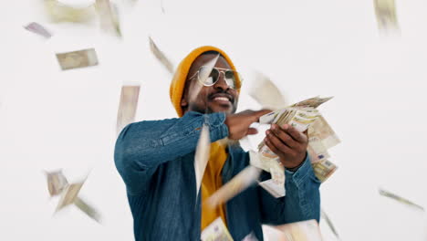 money rain, rich and man in studio for winning