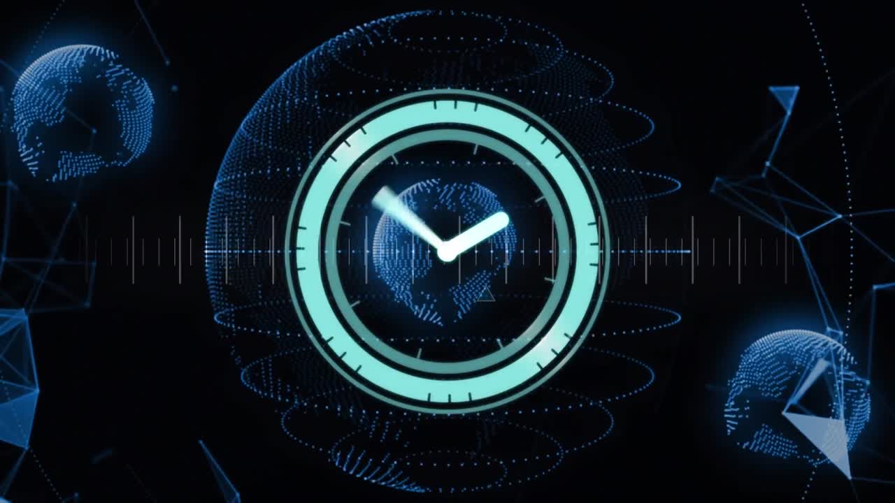 Animation of digital clock over connected dots and globes against black background