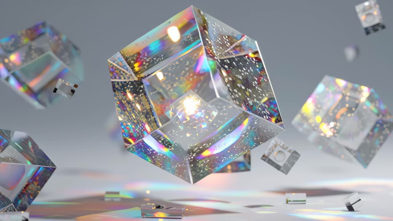 3D-abstrakti kuvamateriaali läpinäkyvistä lasikuutioista leijumassa studiotilassa hohtavien sateenkaaren taittumien, glitterhiukkasten ja pehmeiden bokeh-valon heijastusten kera.