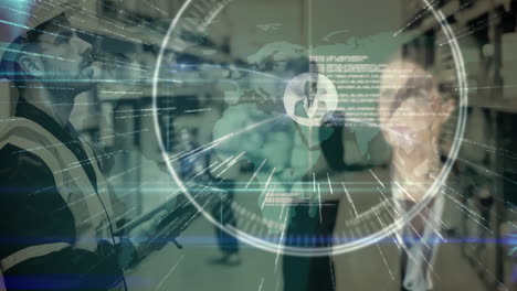 composición del almacén del hombre en el almacén combinado con la animación de una mujer tocando un