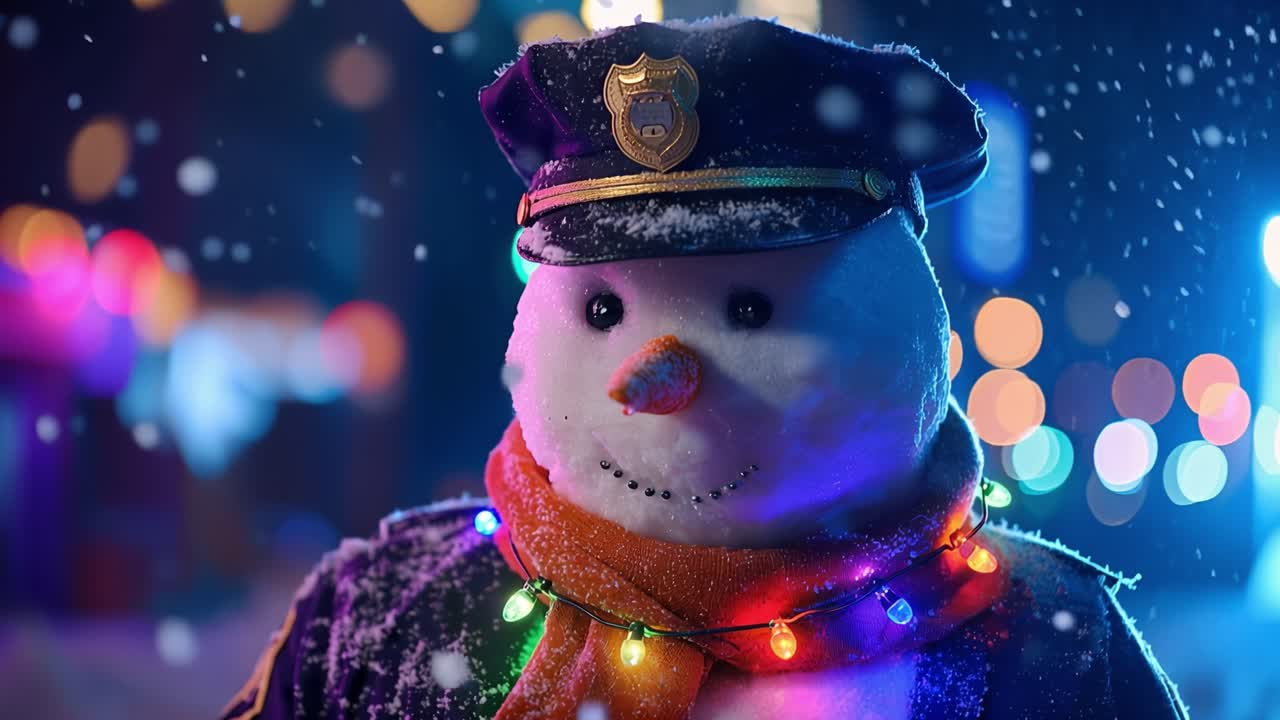 Snowman wears police cap, festive lights. Snowflakes fall gently, blurred lights glow. Warm, cheerful expression, cozy scarf wrapped. Perfect holiday scene, cozy, festive, magical