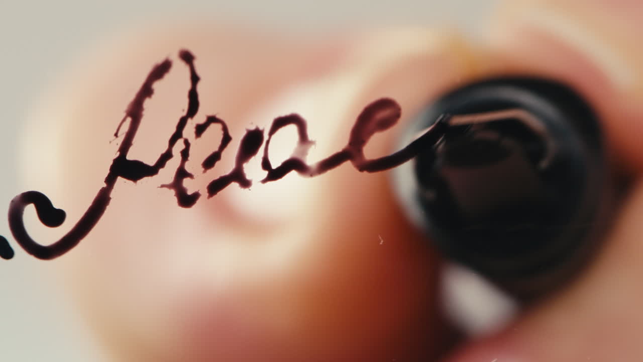 Close-up of Fountain Pen Writing the Word 'Peace' in Ink
