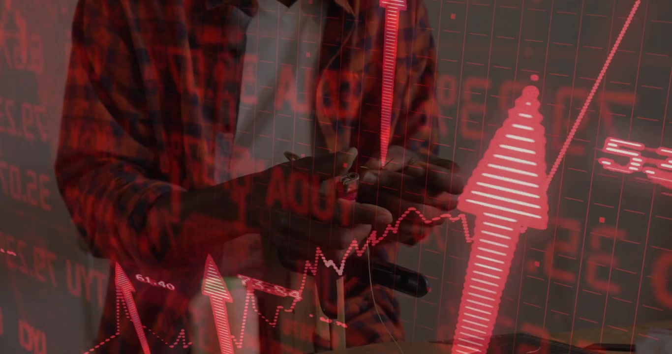 Man pulling phone from pocket tapping screen as red stock chart arrow surging noting market surge