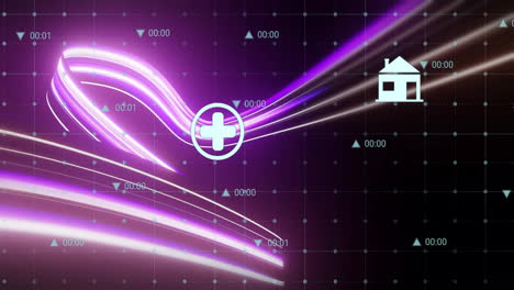 Animation of medical symbol and house icon on digital grid with purple lines