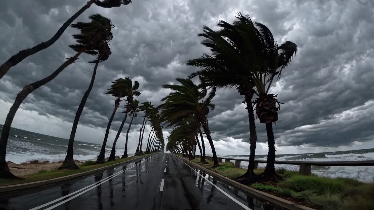 Dramatic video concept with a low-angle view of a stormy coastal road lined with windblown palm