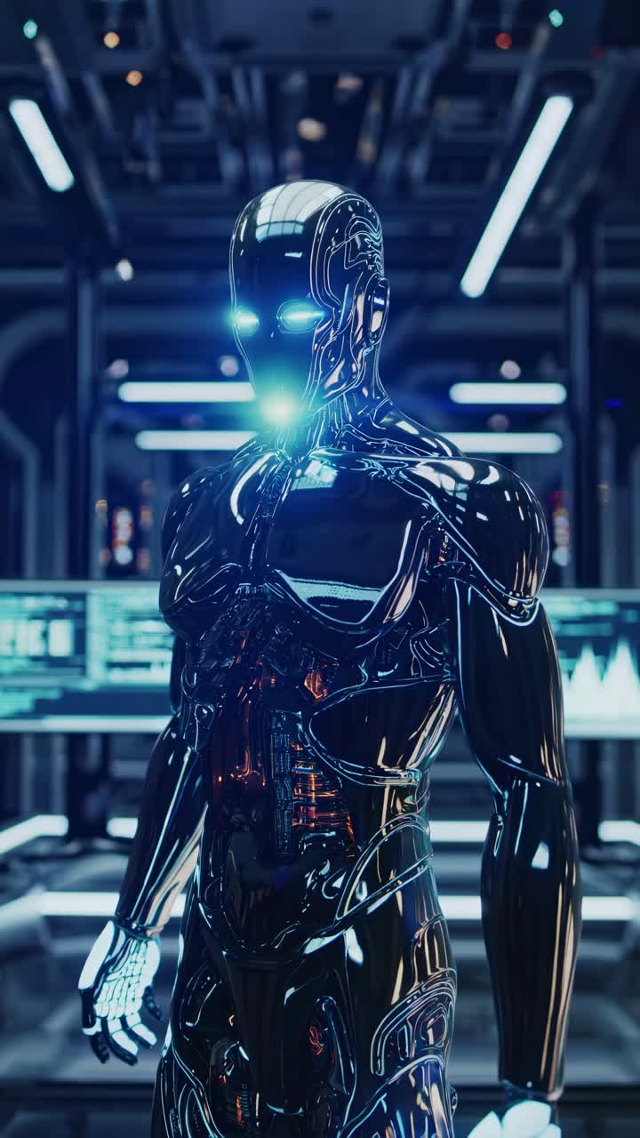 Futuristic robot in a high-tech lab, glowing eyes, front-facing angle