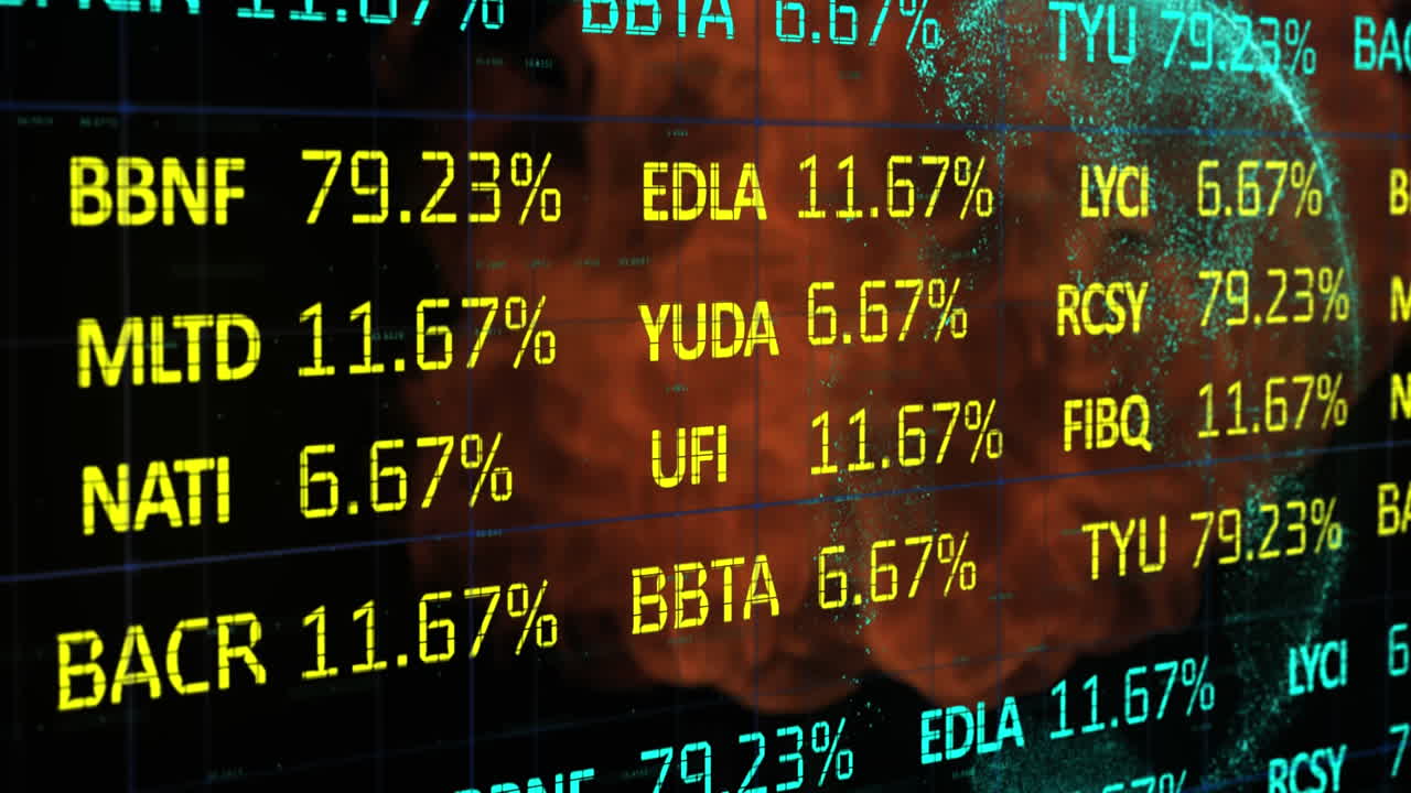 Digital Composite video of stock exchange data processing against fire explosion in background
