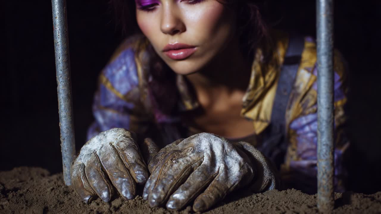 A Reflective Moment: A Captivating Portrait of a Woman with an Artistic Approach, Emphasizing Texture, Emotion, and Connection to Earth Through the Use of Gloved Hands and Subtle Lighting Effects