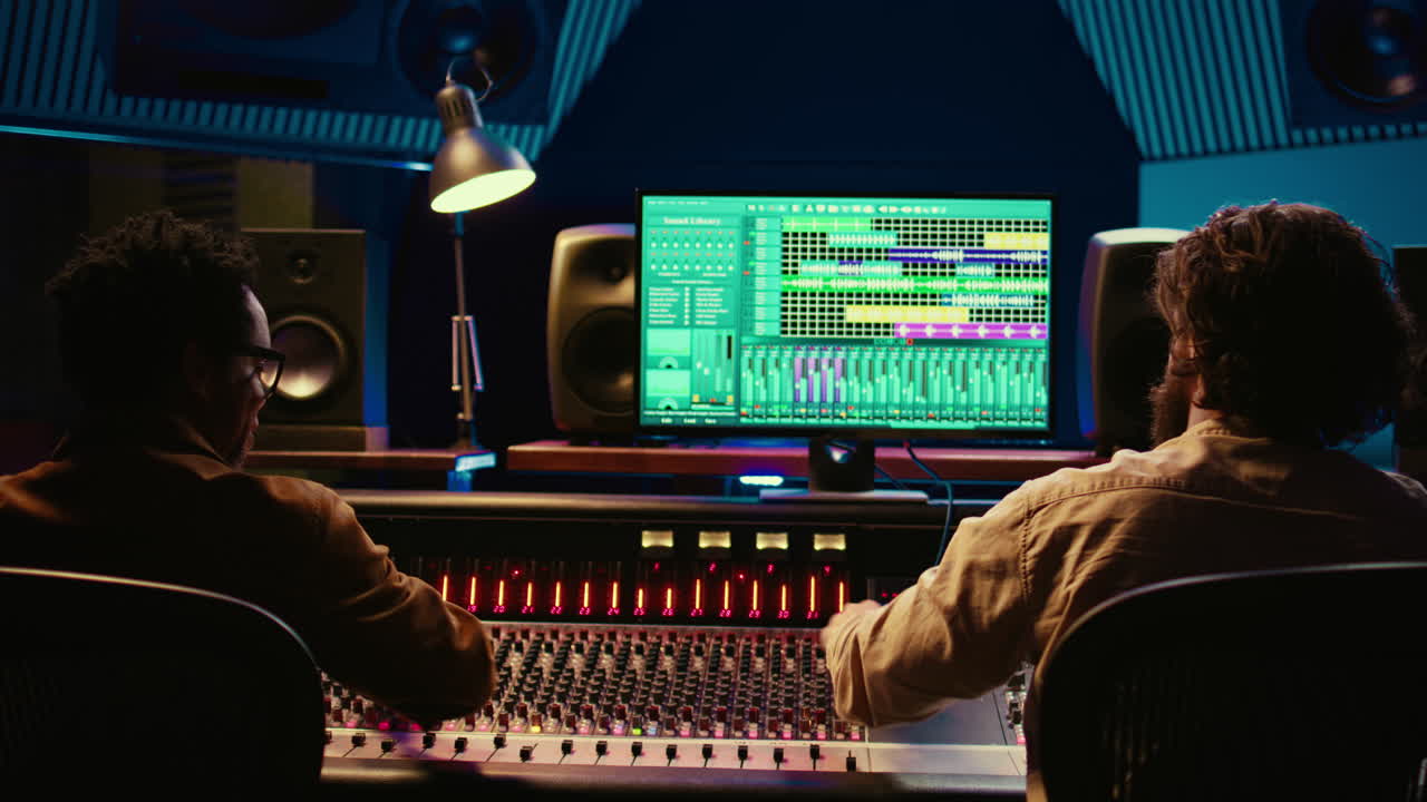 아티스트와 기술자의 팀이 녹음 세션 후 오디오를 편집합니다.