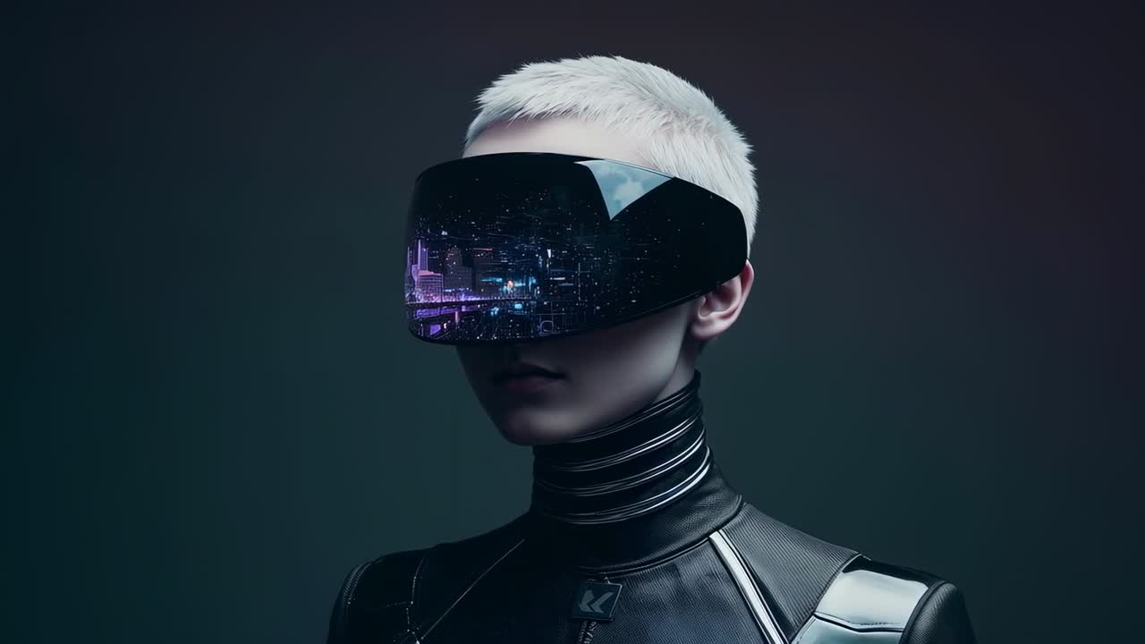 Camera rolling, model in leather suit tilting shifting gaze for shoot in studio, visor showing neon