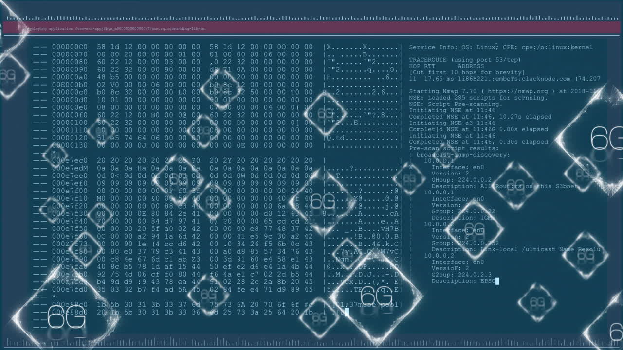 animación de texto 5g y 6g, procesamiento de datos digitales en pantallas de computadora