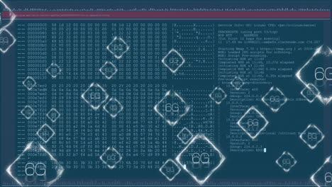 animación de texto 5g y 6g, procesamiento de datos digitales en pantallas de computadora