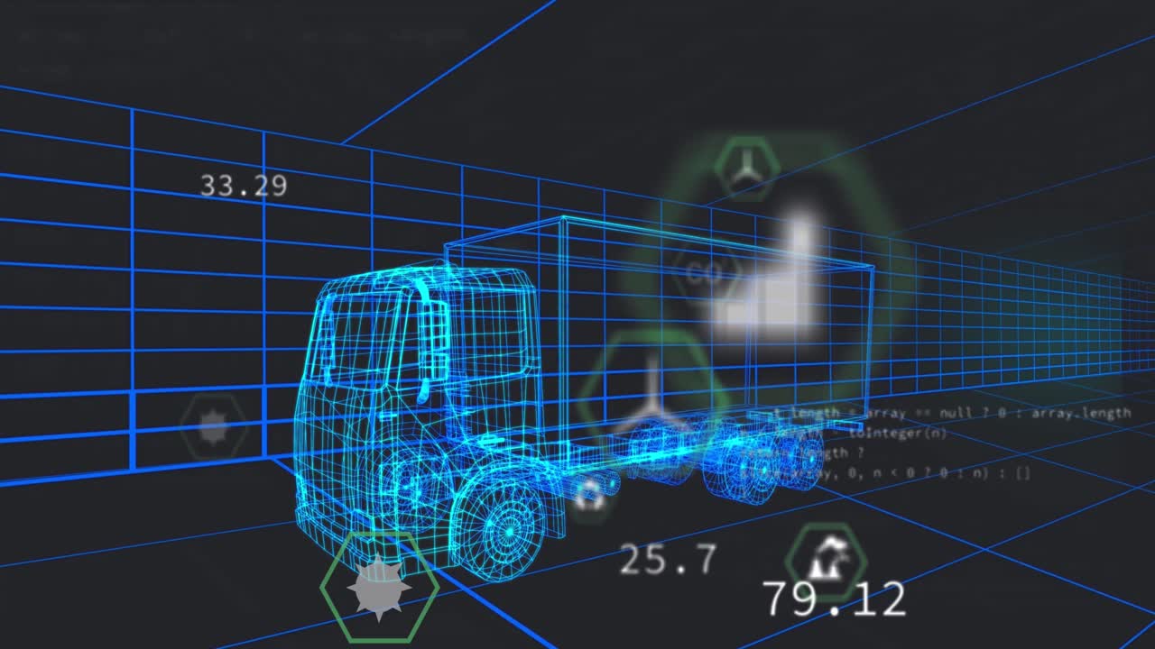 animación de múltiples iconos digitales sobre un modelo de camión 3d que se mueve en un patrón sin costuras en un túnel
