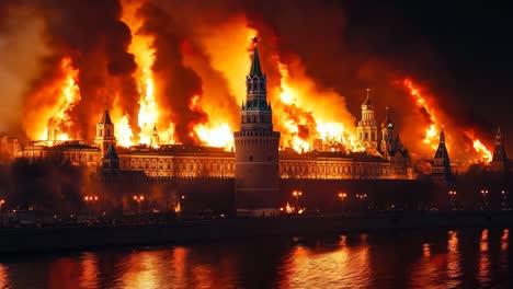 a large building on fire in the middle of a city at night