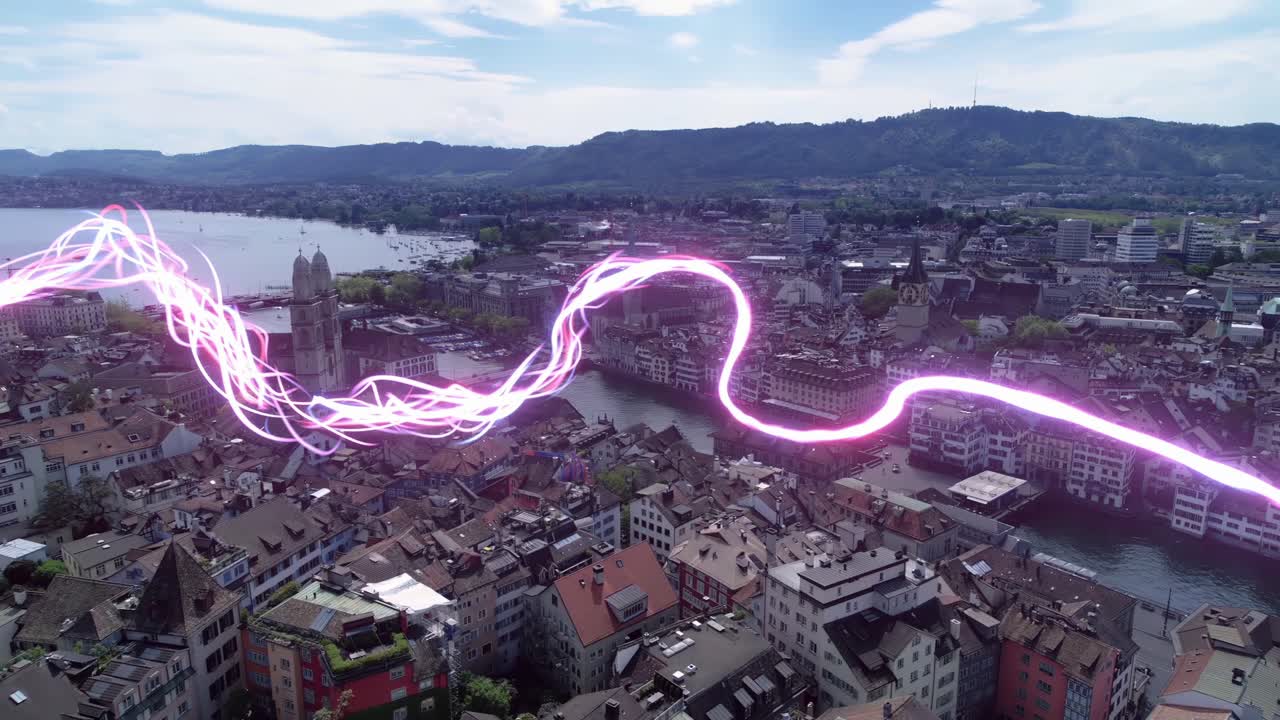 Aerial view of the city of Z&uuml;rich Switzerland with an illustration of Visualization Telecommunication