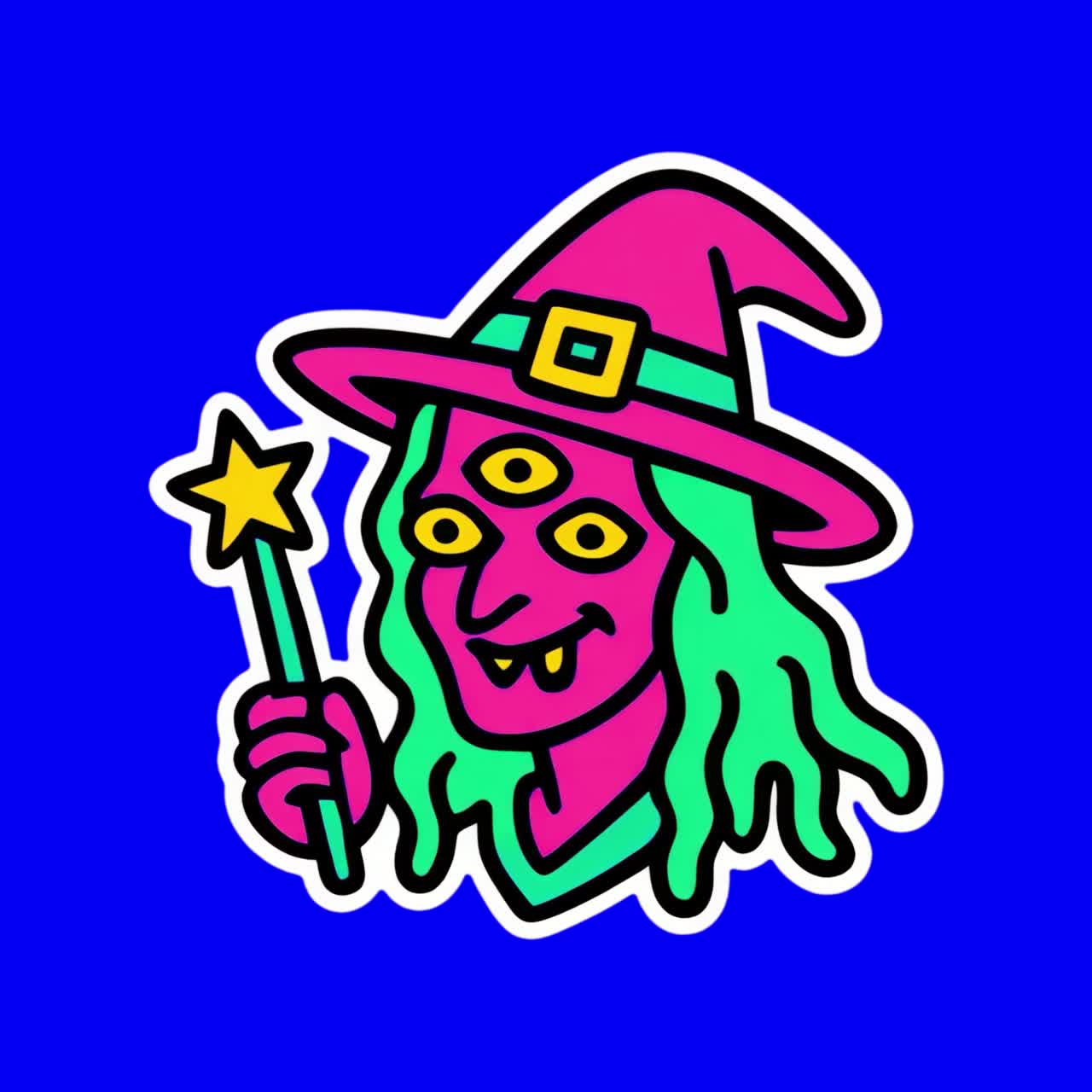 Animazione colorata di un'illustrazione di una strega in stile cartone animato, video 4K trasparente, green screen