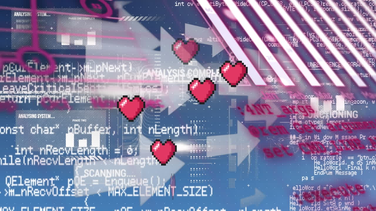 금융 데이터 처리의 애니메이션과 파란색 배경에 떨어지는 심장