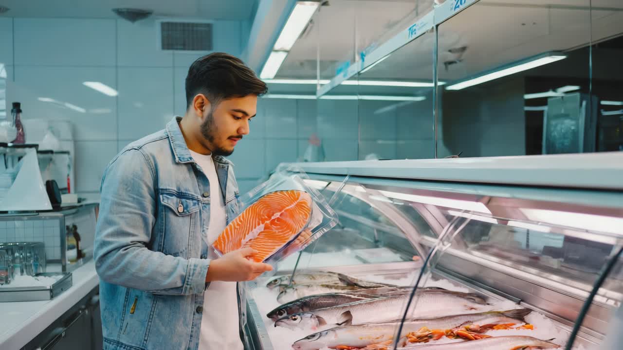 Man choosing salmon in a supermarket