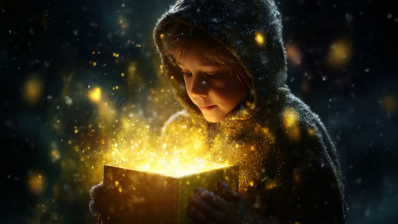 A young child gazes in wonder at a glowing, magical box filled with shimmering lights, embodying the essence of childhood curiosity and the enchantment of discovery in a beautifully illuminated setting