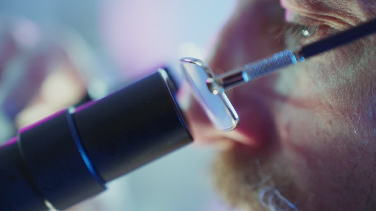 Primo piano di uno scienziato che osserva al microscopio in laboratorio