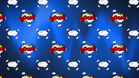 animation of the word boom on white explosion clouds, repeated moving on blue background
