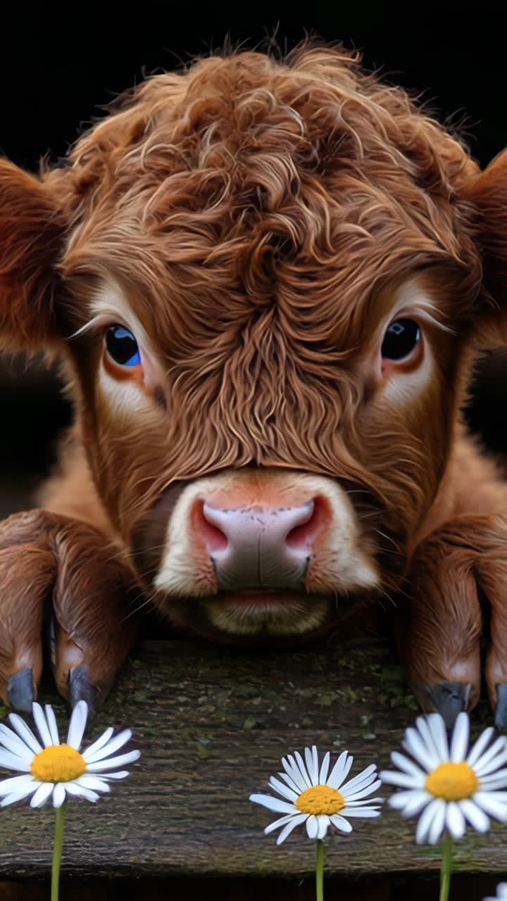 A baby cow is standing in front of a fence with flowers. The cow is looking at the camera