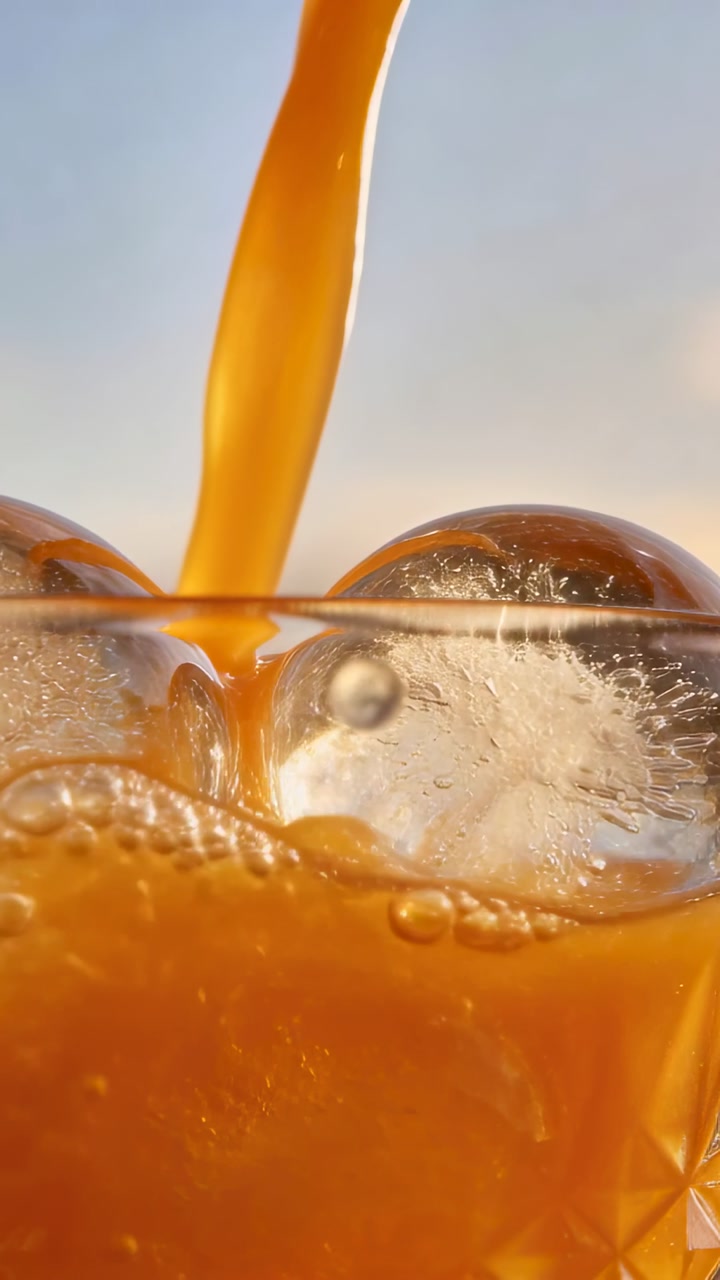 Vertical video: Pouring orange liquid stream entering, filling glass on table with two ice spheres