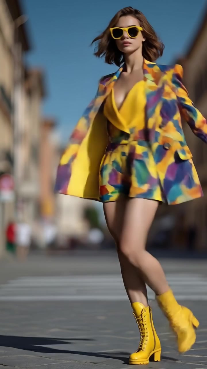 Donna alla moda che cammina con sicurezza per una strada cittadina indossando un abito colorato a fantasia e stivali giallo brillante
